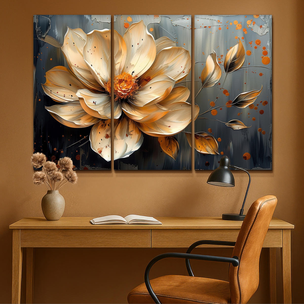 LEINWANDBILD 3er Set Blume - Gold - Abstrakt - Farbe 120x80 cm - Creme, Textil (120/80cm) - MuchoWow