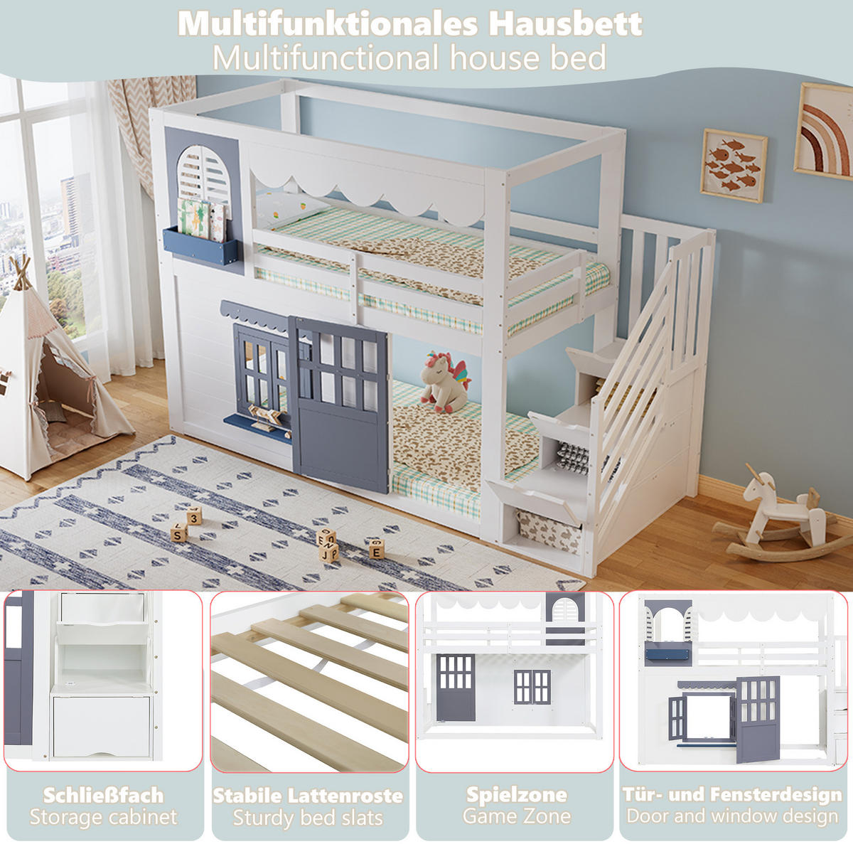 HOCHBETT aus Holz 90x200 cm Weiß/Blau mit Hausdesign und Stauraumtreppe - Weiß, Holz (90/200cm) - Modfu
