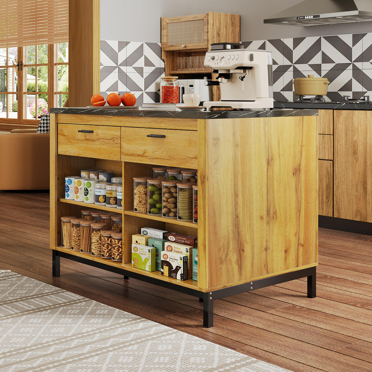 KÜCHENINSEL mit Eichenmaserung aus MDF und Marmor-Arbeitsplatte 120 × 75 × 90 cm - Naturfarben, Holzwerkstoff (120/90/75cm) - Luhomfu
