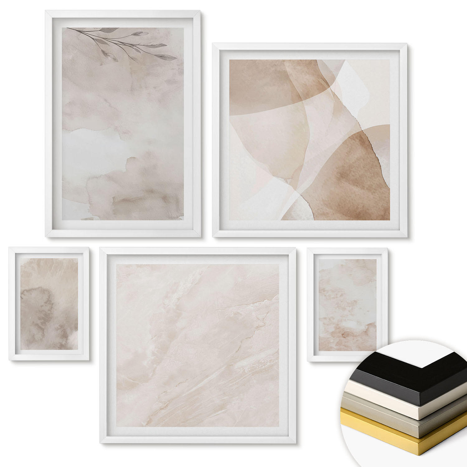 WANDBILDER 5er-Set - 50x50 cm & 20x30 cm & 40x60 cm Weißer Rahmen - Aquarellfarben, Boho-Texturen - Weiß, Kunststoff (40/60cm) - ArtPrintCave