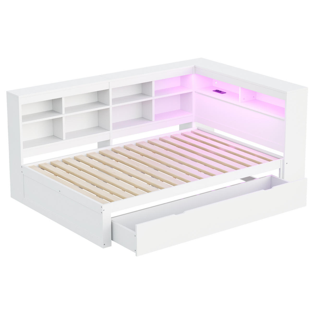 BETT 140/200 cm mit Kopfteil aus Massivholz – mit Stauraum und USB - Weiß, Holz (140/200cm) - BEAOK