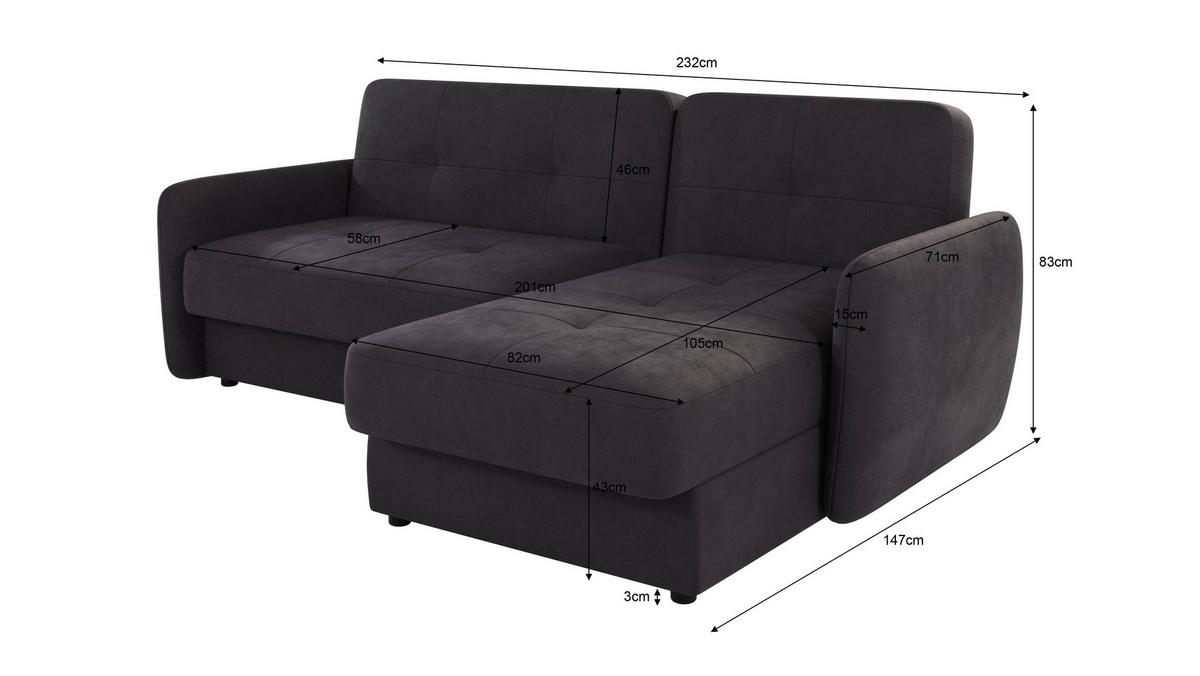 ECKSOFA Lupo Graphit Mikrofaser - Graphitfarben/Schwarz, Holz/Kunststoff (232/147cm) - S-Style Möbel