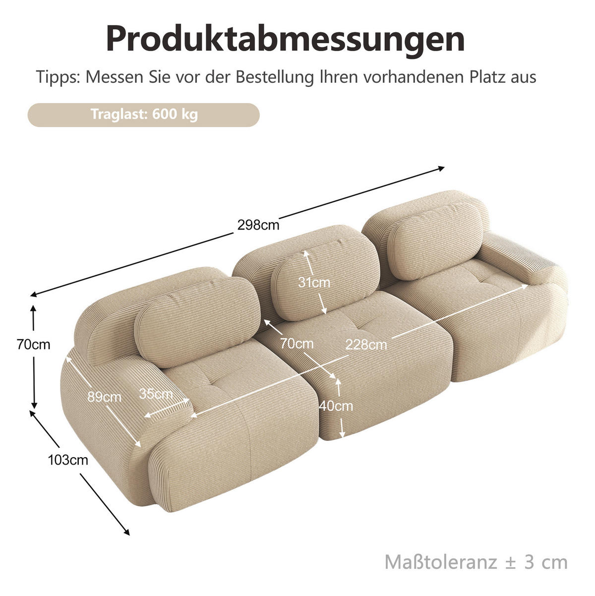 MODULARES Ecksofa mit Cordbezug Beige 298x103x70 cm, rahmenlos und ohne Montage - Beige, Textil (103/298cm) - IVMEU