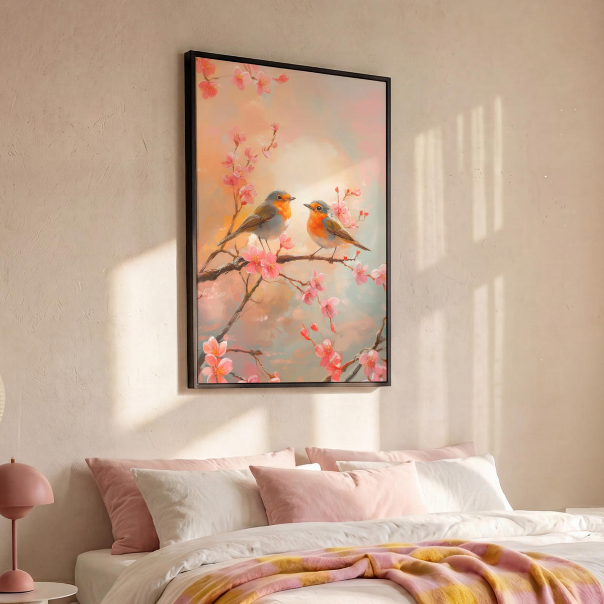 LEINWAND Bilder mit Rahmen - Rotkehlchen - Zierpflanze - Blütenzweig - 80x120 - Hellrosa, Textil (80/120cm) - MuchoWow