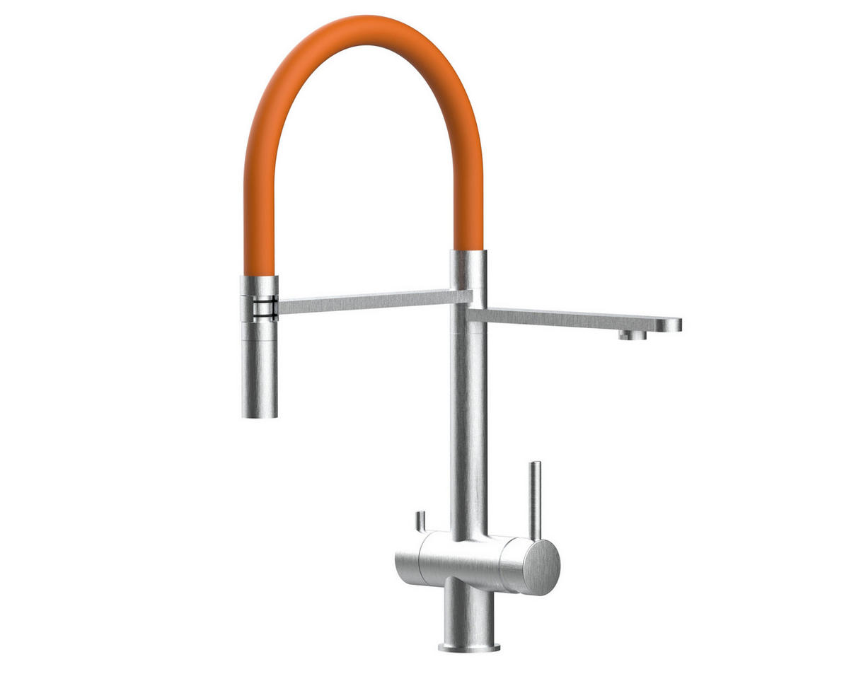 NIEDERDRUCK-3-WEGE-KÜCHENARMATUR, Edelstahl Massiv aus Chirurgenstahl, Gebürstet und Orange, 2-Strahl-Brause - Orange, Metall (24/49/24cm) - VIZIO