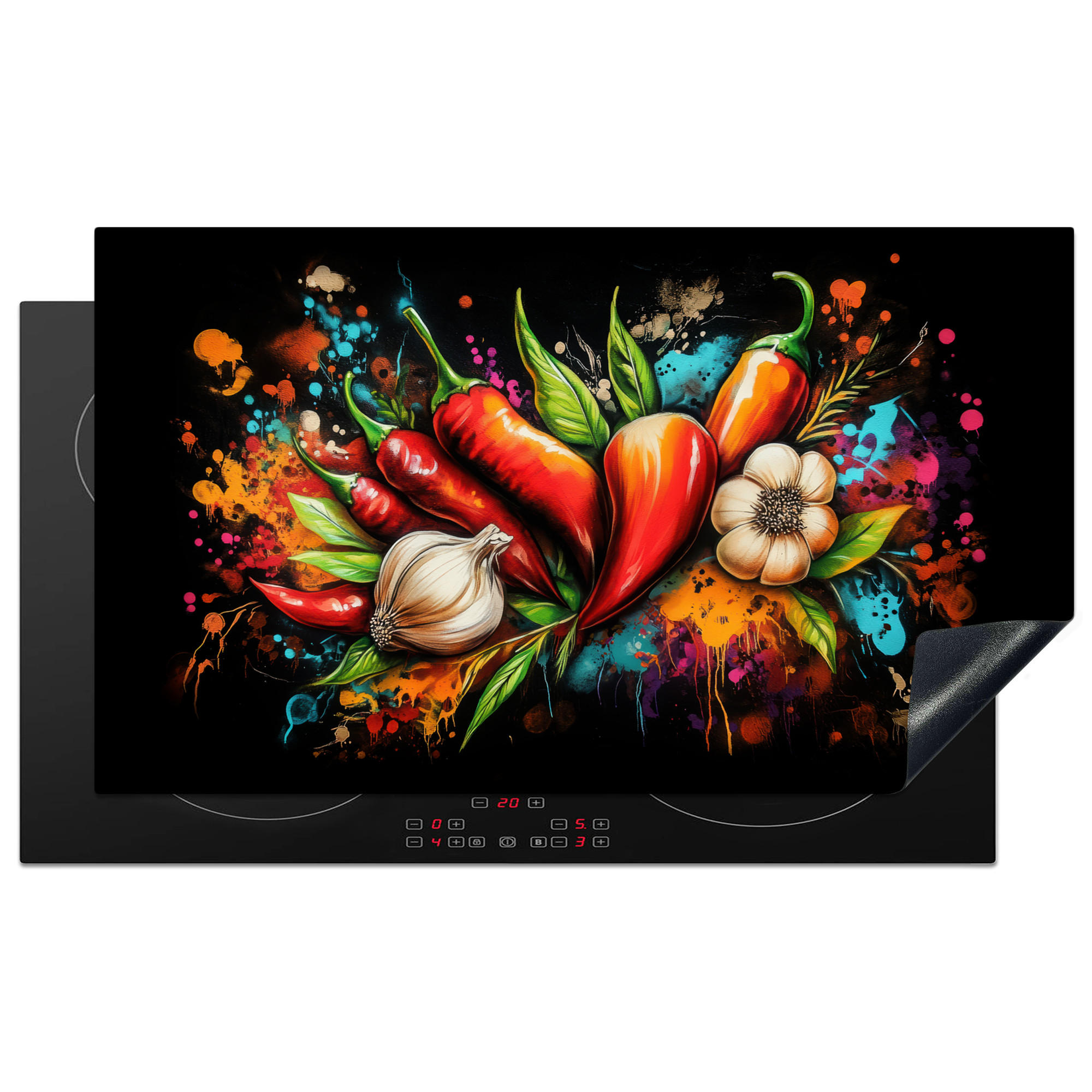 HERDABDECKPLATTE Gemüse - Paprika - Knoblauch - Graffiti - Farbe - Bunt 89x51 cm - Rot, Kunststoff (89.6/0.2/51.6cm) - MuchoWow