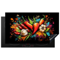 HERDABDECKPLATTE Gemüse - Paprika - Knoblauch - Graffiti - Farbe - Bunt 90x52 cm - Rot, Kunststoff (90/0.2/52cm) - MuchoWow