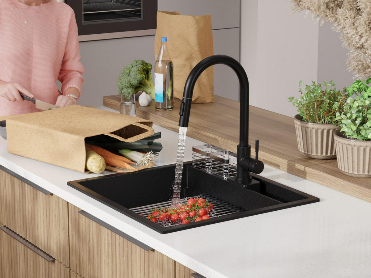 SPÜLBECKEN Bergen Pocket, 2-er set Schwarz 56/54 cm 1 Becken + Ablauf-Set + Küchenzubehörset ab 60er Unterschrank - Chromfarben/Beige, Kunststoff (56/20/54cm) - Primagran