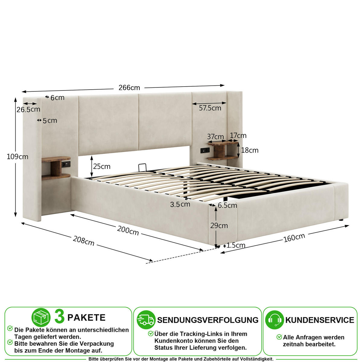 POLSTERBETT 160/200 cm in Beige Samt mit Bettkasten, 2 Nachttischen, USB und Steckdosen - Beige, Holzwerkstoff/Textil (160/200cm) - CHICFURN