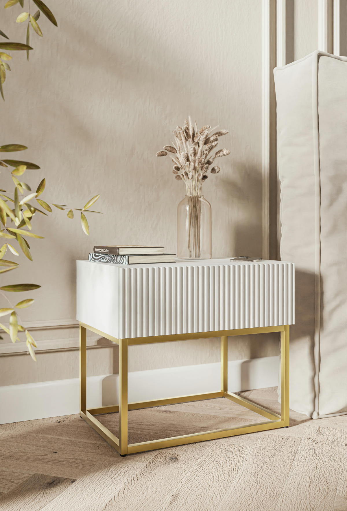 NACHTSCHRANK Veldio Weiß mit goldenen Metallbeinen 50 cm - Goldfarben/Weiß, Holzwerkstoff/Metall (50/44/35.6cm) - Selsey
