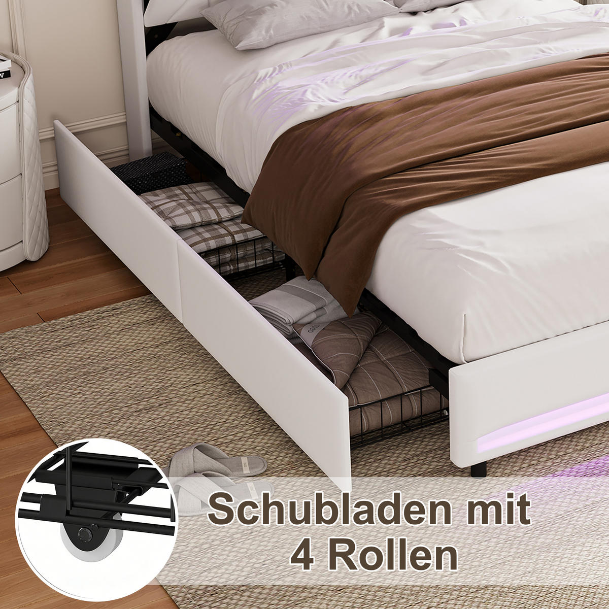 POLSTERBETT 160x200 cm Beige mit LED, USB-C, 4 Schubladen - Beige, Holz (160/200cm)