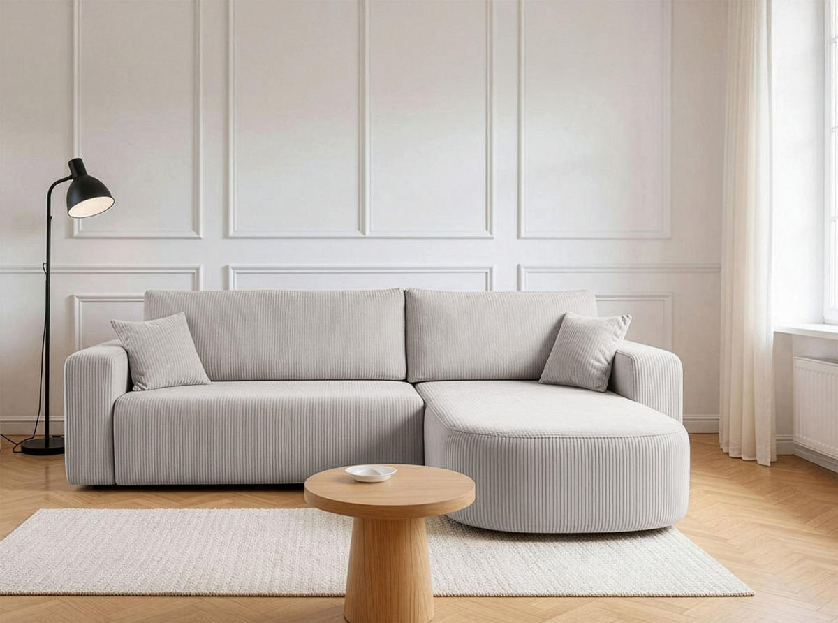 ECKSOFA mit Schlaffunktion Teeo L-Form universal mit Bettkasten Hellbeige Cord - Sandfarben/Schwarz, Kunststoff/Textil (275/170cm) - Homebook