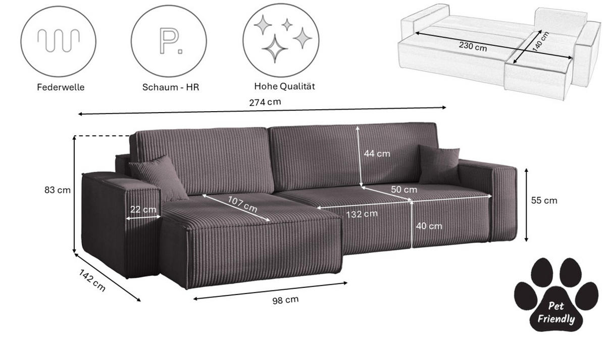 ECKSOFA Mit Schlaffunktion Und Bettkasten, Eckcouch BEST XL Stoff Poso Dicker Cord Dunkelgrau Links - Dunkelgrau/Schwarz, Holz/Kunststoff (142/274cm) - Kaiser Möbel