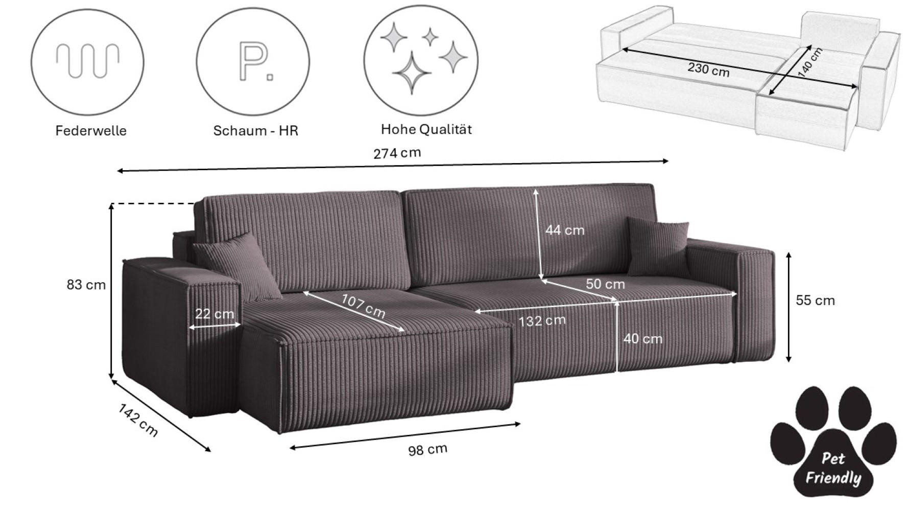 Thumbnail - Kaiser Möbel Ecksofa, Dunkelgrau, Holz, 5-Sitzer, L-Form, 142x83x274 cm, Wohnzimmer, Sofas & Couches, Sofas