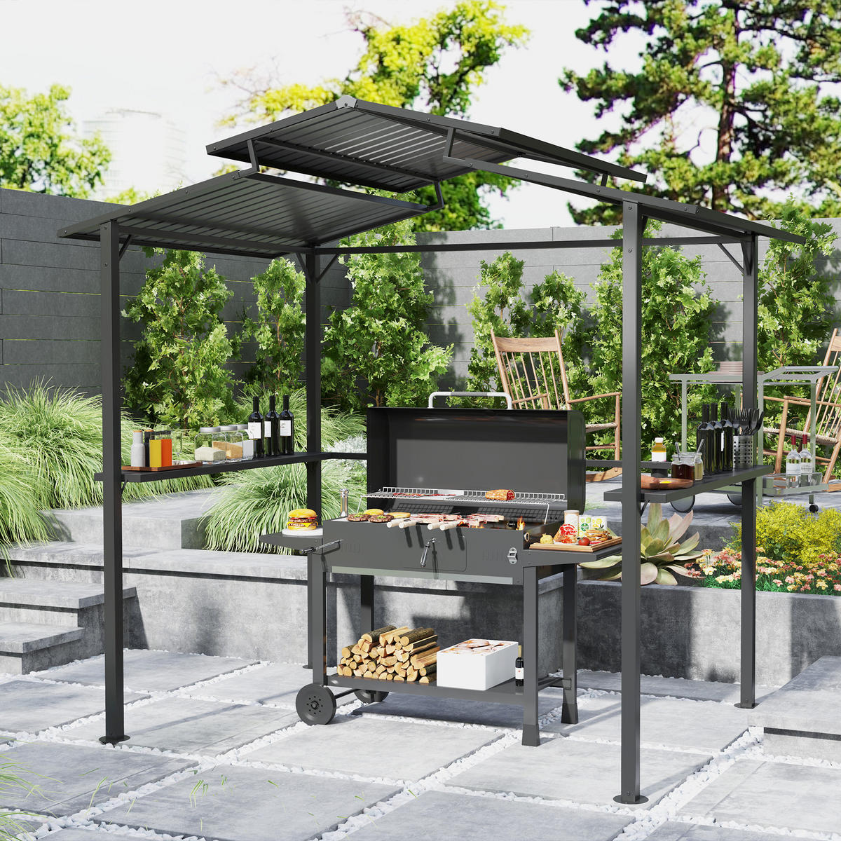 GRILLPAVILLON 250 x 160 x 250 cm wasserdicht Gartenpavillon mit Doppelschichtdach, Seitenregalen Schwarz - Schwarz, Metall (250/250/160cm)