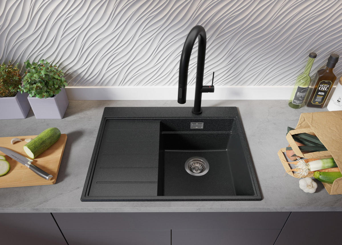 SPÜLBECKEN Sydney, 2-er set Anthrazit 62/50 cm 1 Becken + Ablauf-Set + Küchenzubehörset ab 40er Unterschrank - Chromfarben/Anthrazit, Kunststoff (62/20/50cm) - Primagran