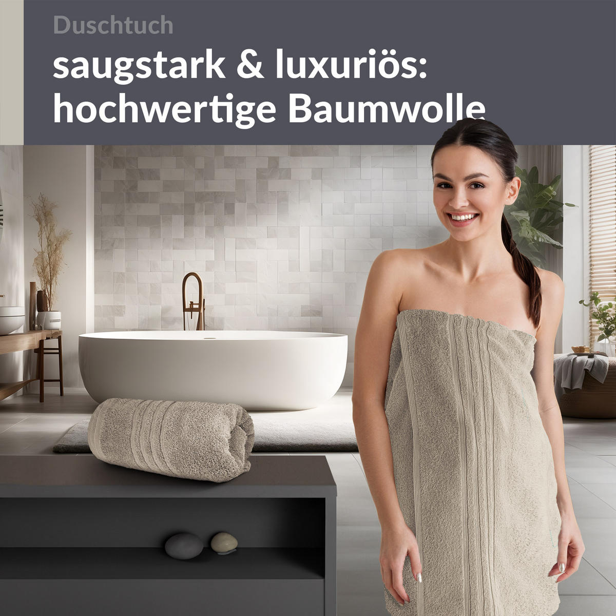 DUSCHTUCH London Kiesel Grau 2er Set 70x140 - Sandfarben, Textil (70/140cm) - Lashuma