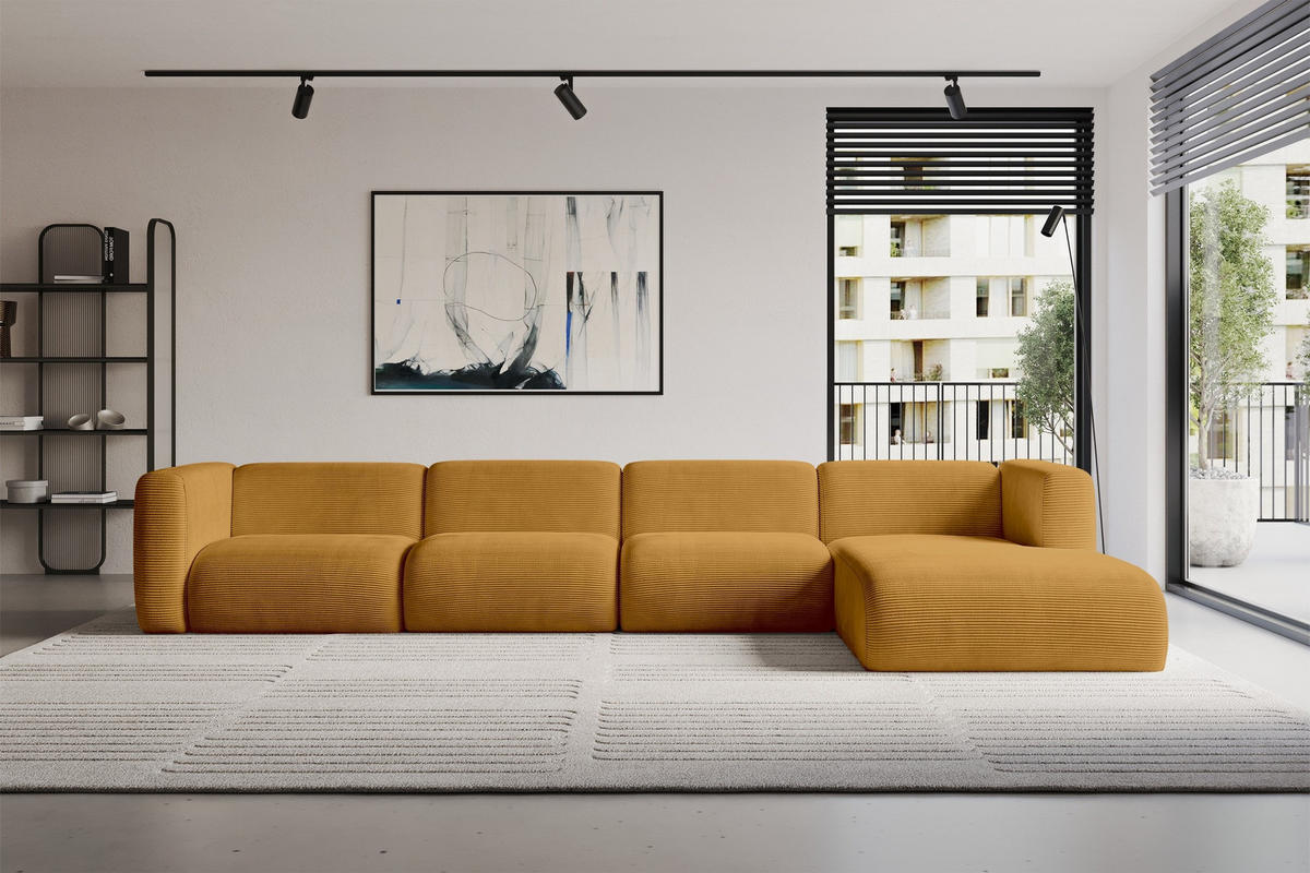 ECKSOFA Ottomane Rechts MIRA-L3 409x179x70 Senfgelb Cord - Currygelb/Schwarz, Holzwerkstoff/Kunststoff (409/179cm) - ALTDECOR