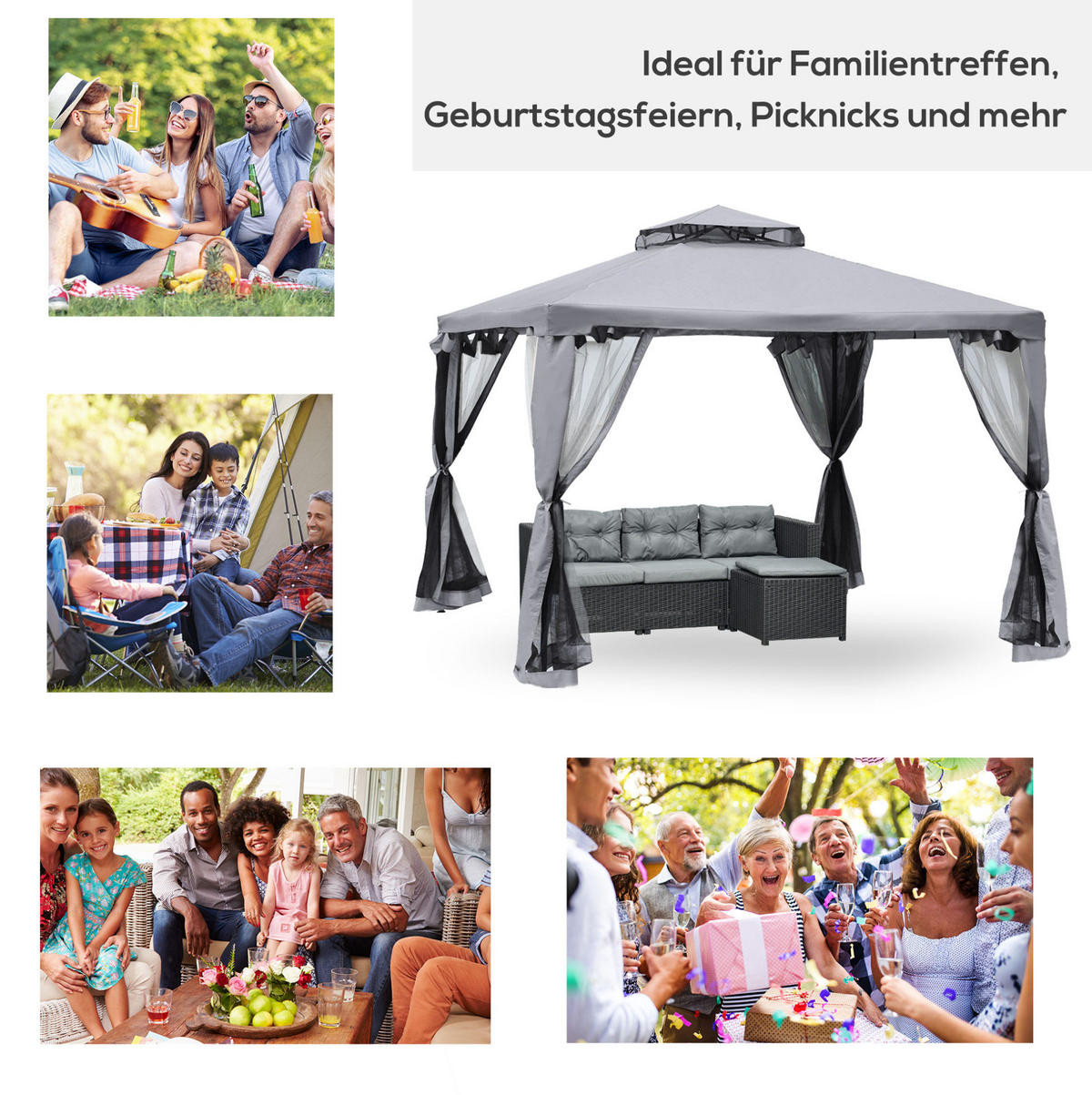 GARTENPAVILLON 294/294/265 cm mit Netzseiten, Doppeldach und Polyesterdach, Anthrazitgrau - Grau, Textil (294/265/294cm) - Redom