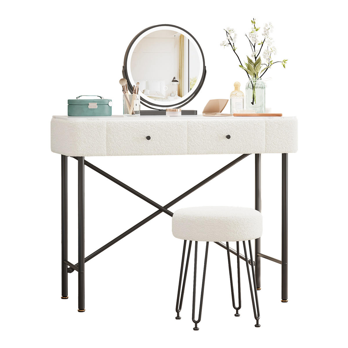 SCHMINKTISCH SCHWARZ/WEISS mit LED-Spiegel Marmoroptik und Hocker 100x40x120 cm - Weiß, Holzwerkstoff (40/120/100cm) - Bomclap