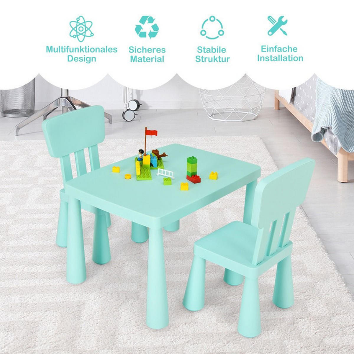 KINDERTISCH mit 2 Stühlen grün(3-tlg) - Grün, Kunststoff (76.5/49.5/54.5cm) - COSTWAY