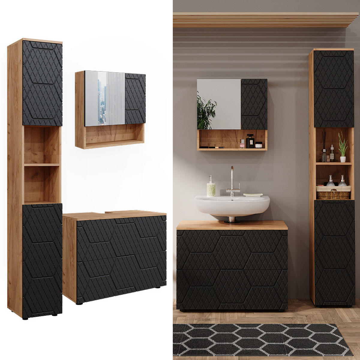 BADMÖBEL-SET Irma Anthrazit gestreift 3 Teile - Honigeiche/Anthrazit, Holzwerkstoff (80/58.6/41cm) - Vicco