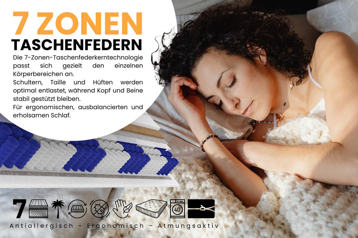 TASCHENFEDERKERNMATRATZE 7 Zonen + KOKOS 140/200 Schwarz H4 - Schwarz, Textil (140/200cm) - Deine Möbel 24