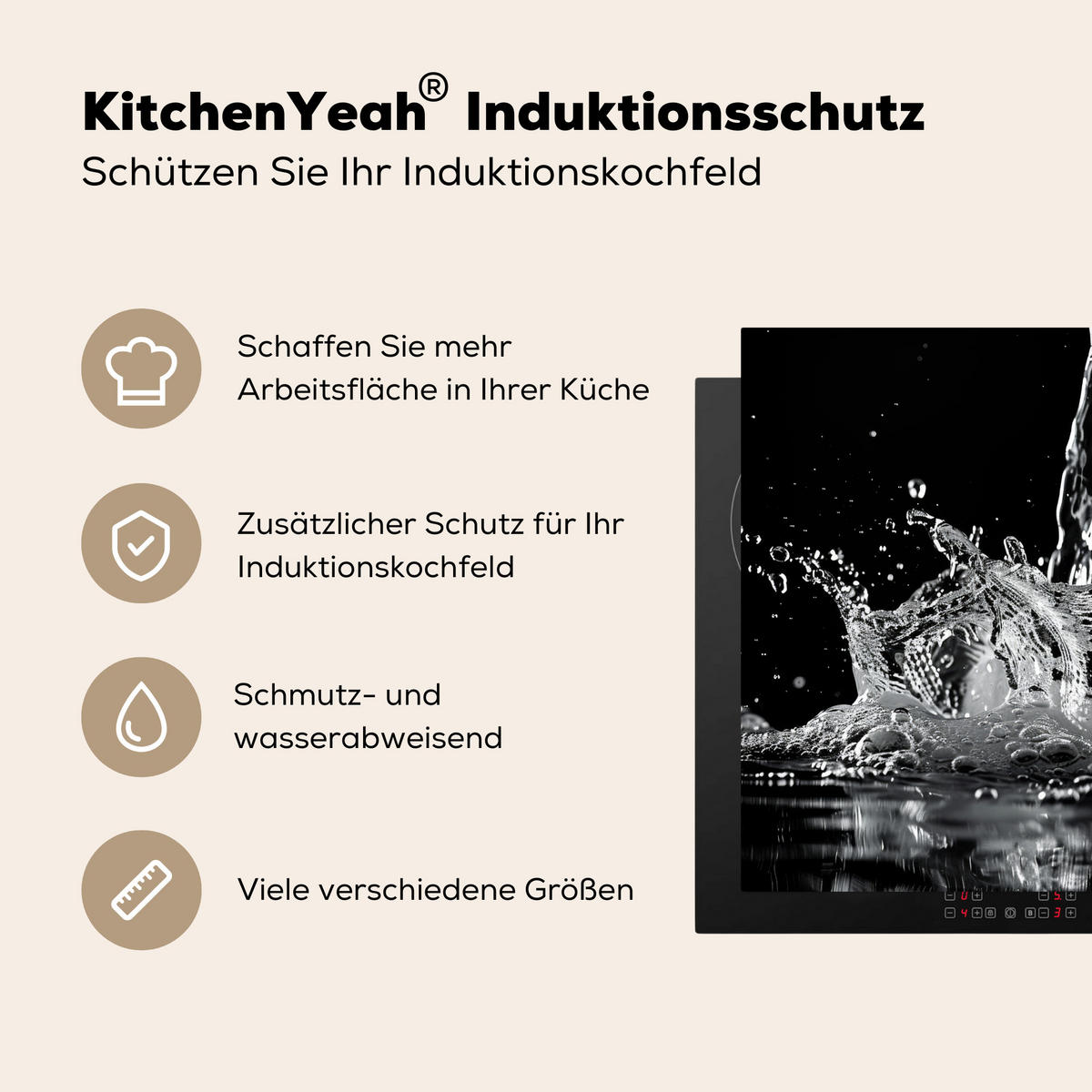 HERDABDECKPLATTE Wasser - Spritzwasser - Schwarz Herdabdeckung Induktionsfeld 60x52 cm - Schwarz, Kunststoff (60/52/0.2cm) - MuchoWow