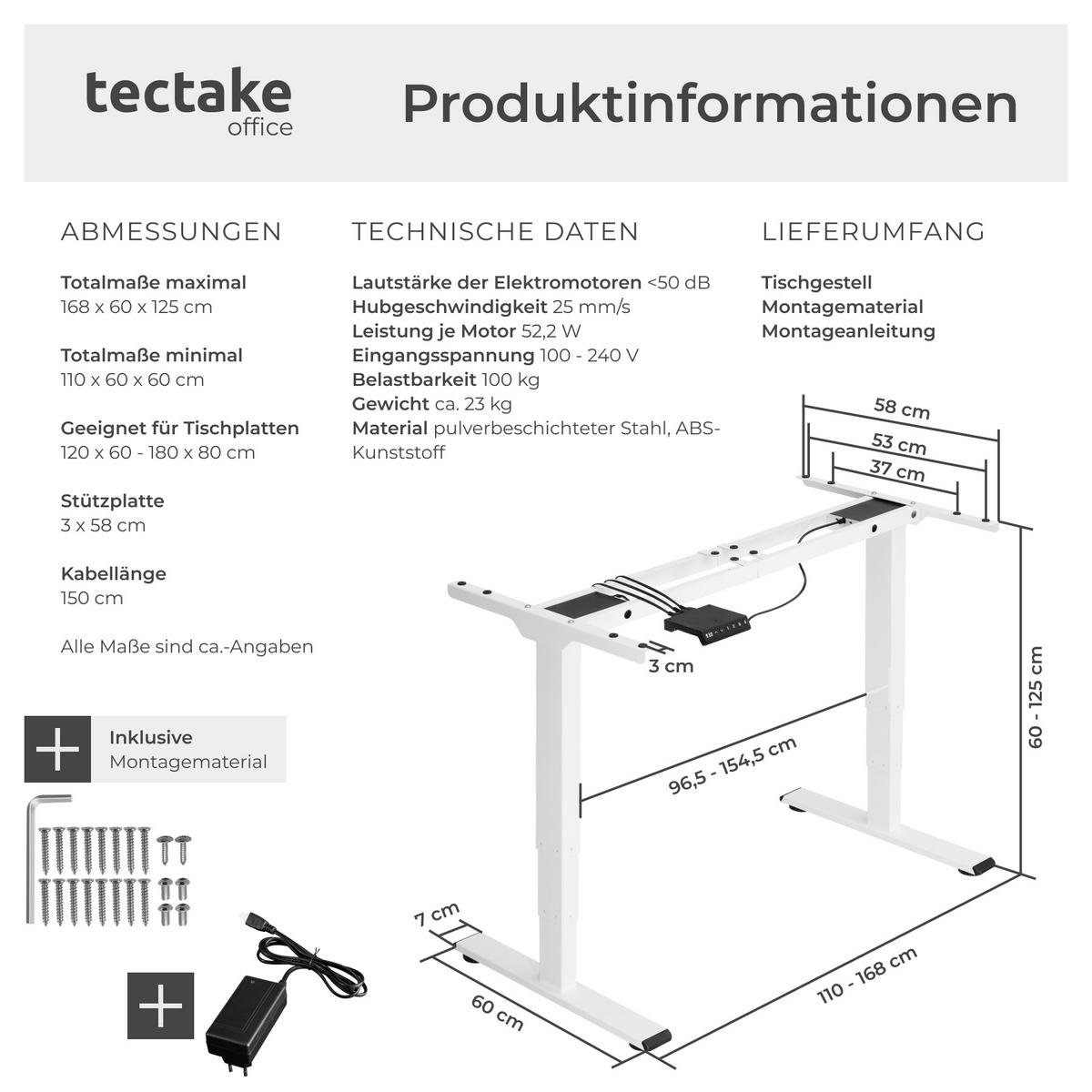 TISCHGESTELL Twain,110 - 168 x 60 x 60 - 125 cm,weiß - Weiß, Textil (60/168/125cm) - tectake