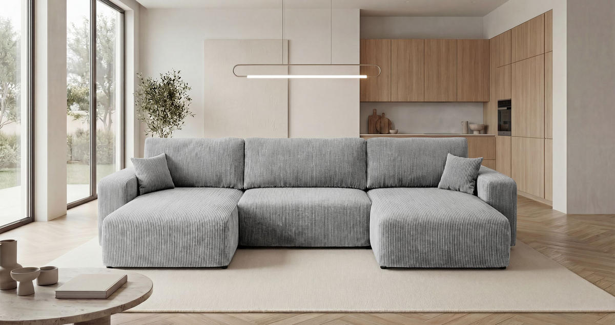 WOHNLANDSCHAFT BERLIN U-Form grau Cord Poso 55 - Schlaffunktion, Bettkasten - Grau, Textil (385/86/185cm) - Cornero