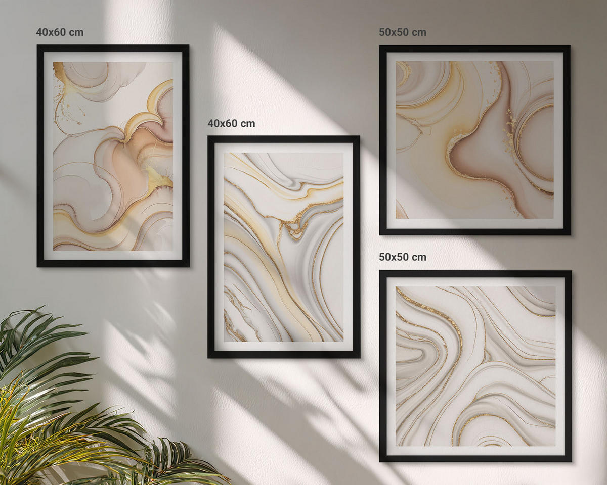 BILDER SET 4er Set - 50x50 cm & 40x60 cm Schwarzer Rahmen - Lineare abstrakte Motive - Schwarz, Kunststoff (50/50cm) - TULUP
