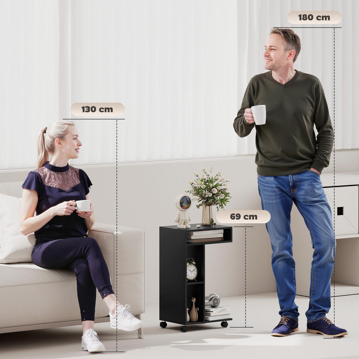 BEISTELLTISCH mit Rollen mit 4 Regalen, Sofatisch Schwarz - Schwarz, Holzwerkstoff (40/30/69cm) - HOMCOM