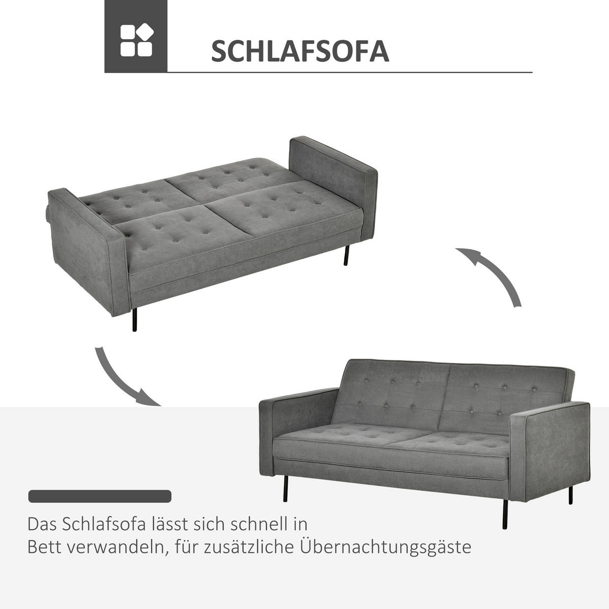 SCHLAFSOFA 3-Sitzer Schlafcouch verstellbarer Bettsofa mit Schlaffunktion Grau - Grau, Textil (91/85/187cm) - HOMCOM