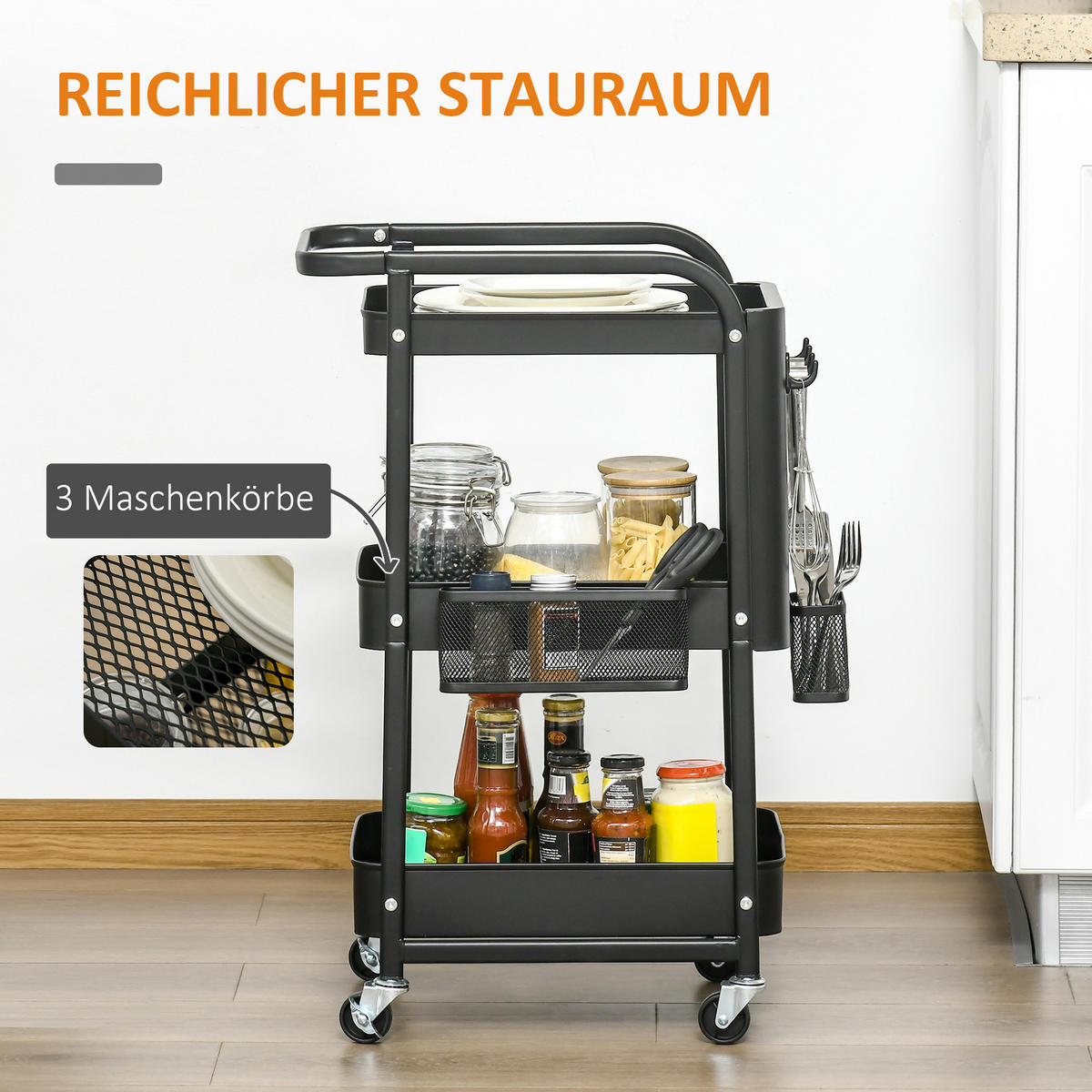 SERVIERWAGEN mit 3 Ebenen Küchenwagen mit Rollen, Griff, Haken und Korb Schwarz - Schwarz, Metall (32/75.6/51.5cm) - HOMCOM