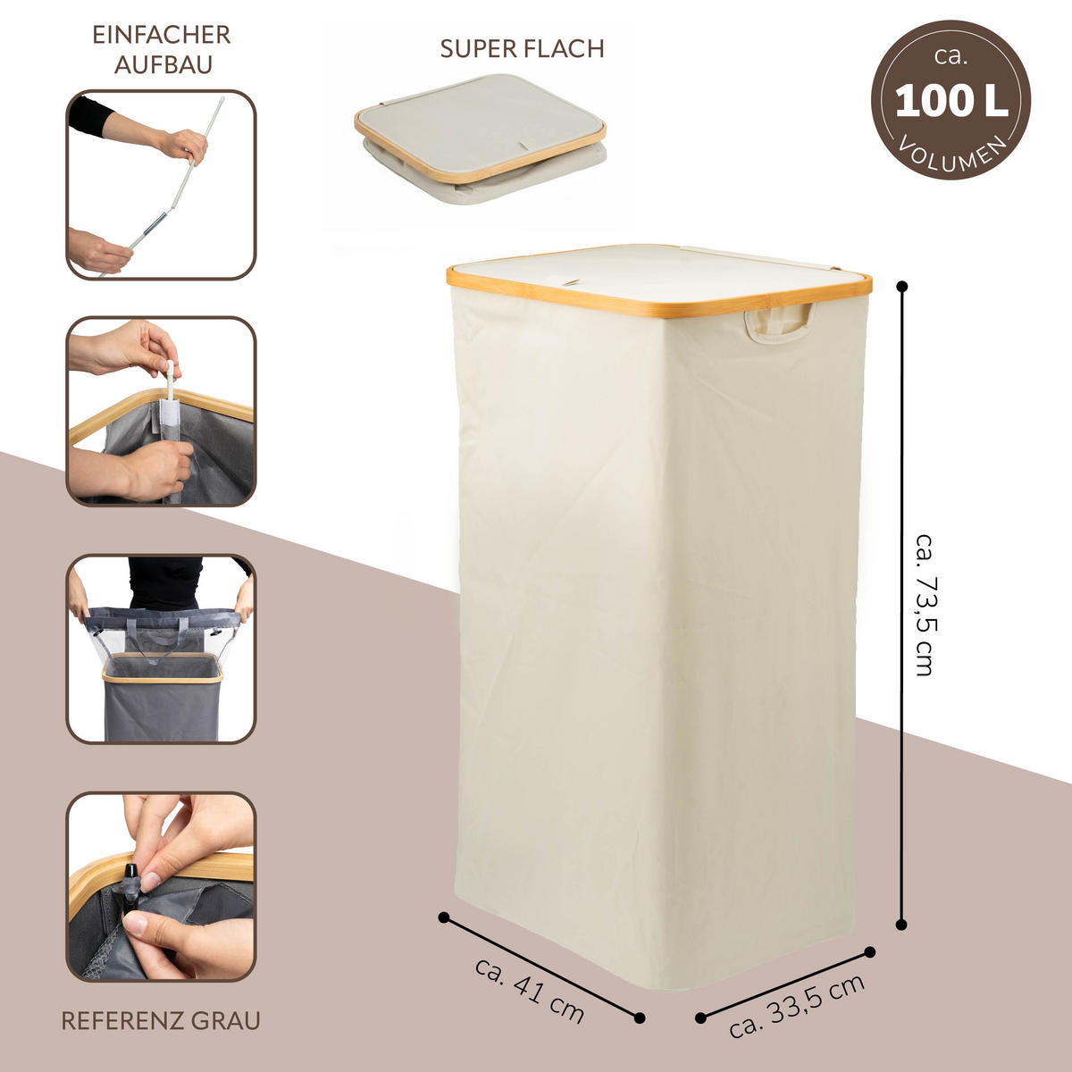 WÄSCHESAMMLER 100 Liter, beige - Beige, Textil (41/73.5/33.5cm) - bremermann