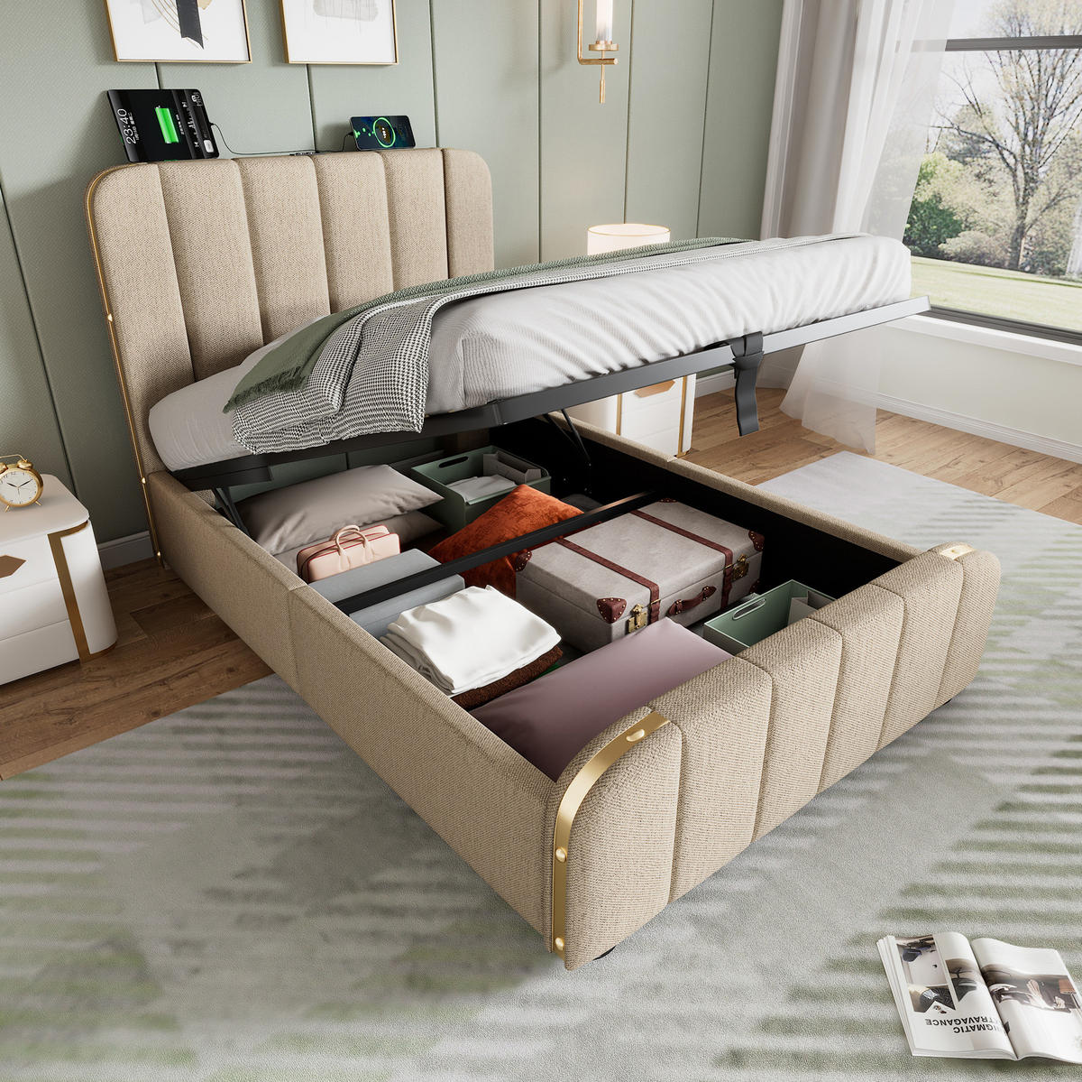 POLSTERBETT aus Leinen 90x200 cm Beige mit Bettkasten, USB- und USB-C-Anschluss - Beige, Textil (90/200cm) - IVMEU