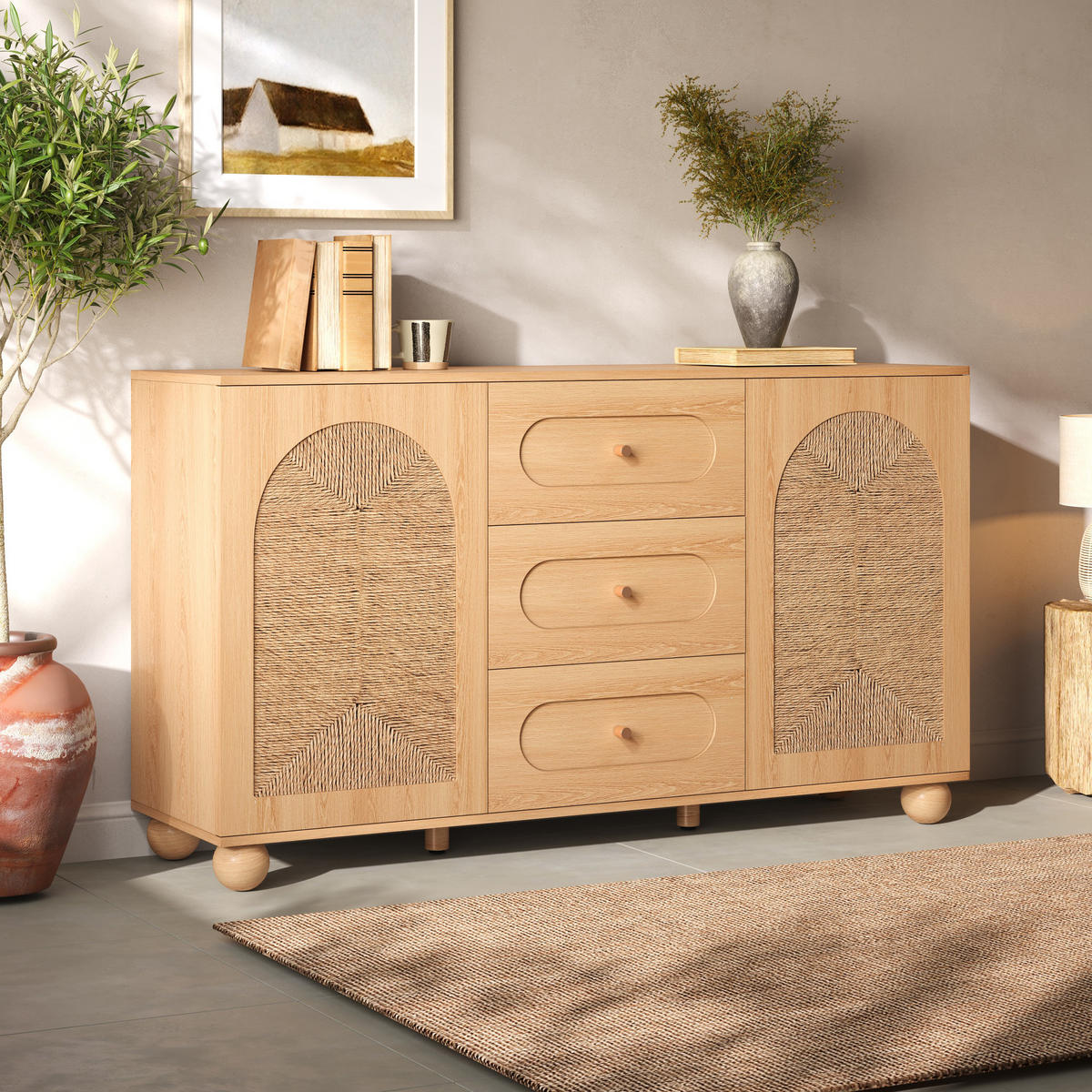 SIDEBOARD Seilgeflecht Türen 3 Schubladen Kieferfüße Modern - Naturfarben, Holzwerkstoff (140/80/40cm) - FLIEKS