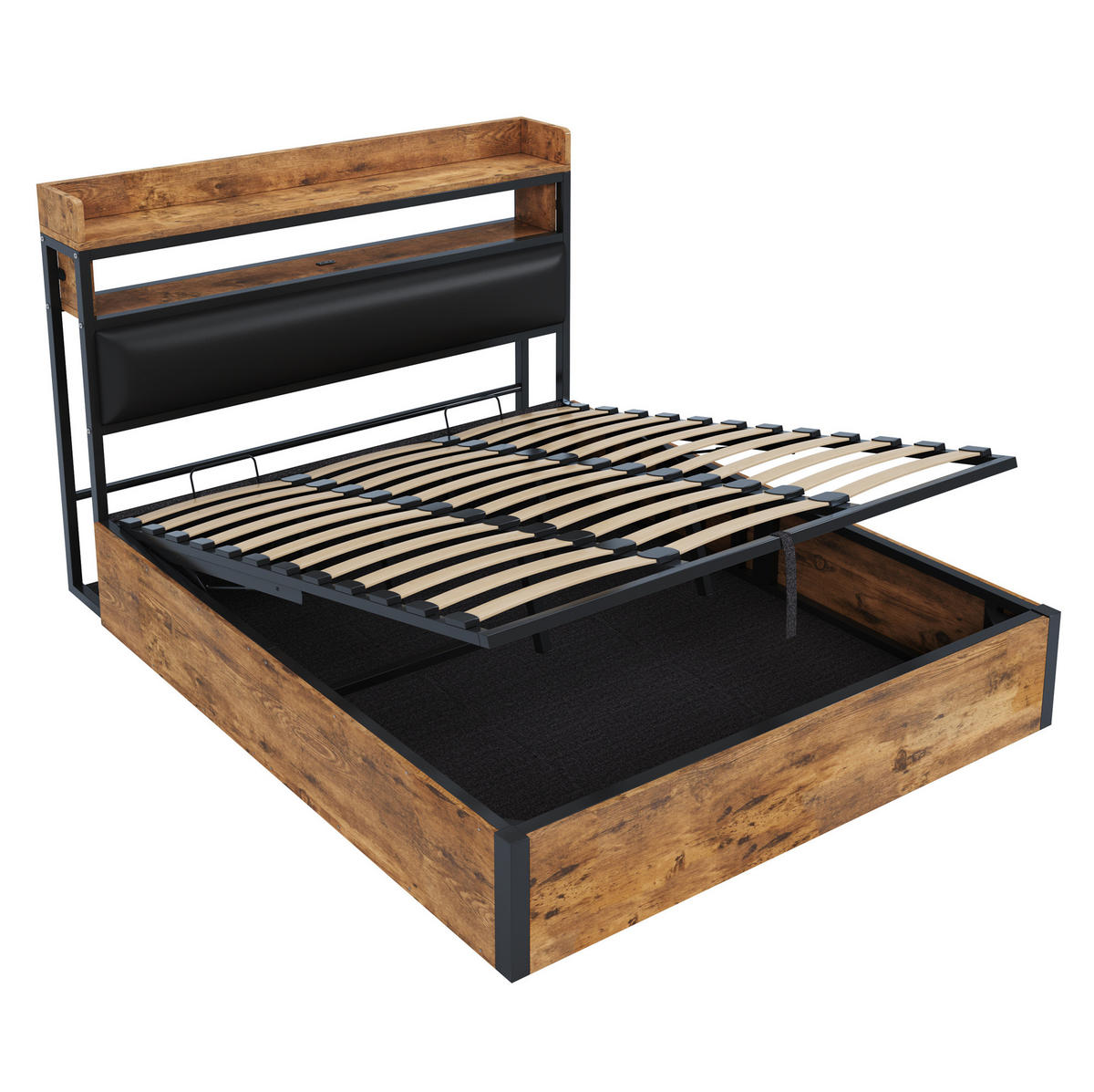 POLSTERBETT 180/200 cm schwarz aus Metall und Holz mit Hydraulik-Stauraum und USB - Schwarz, Metall (180/200cm) - OKWISH
