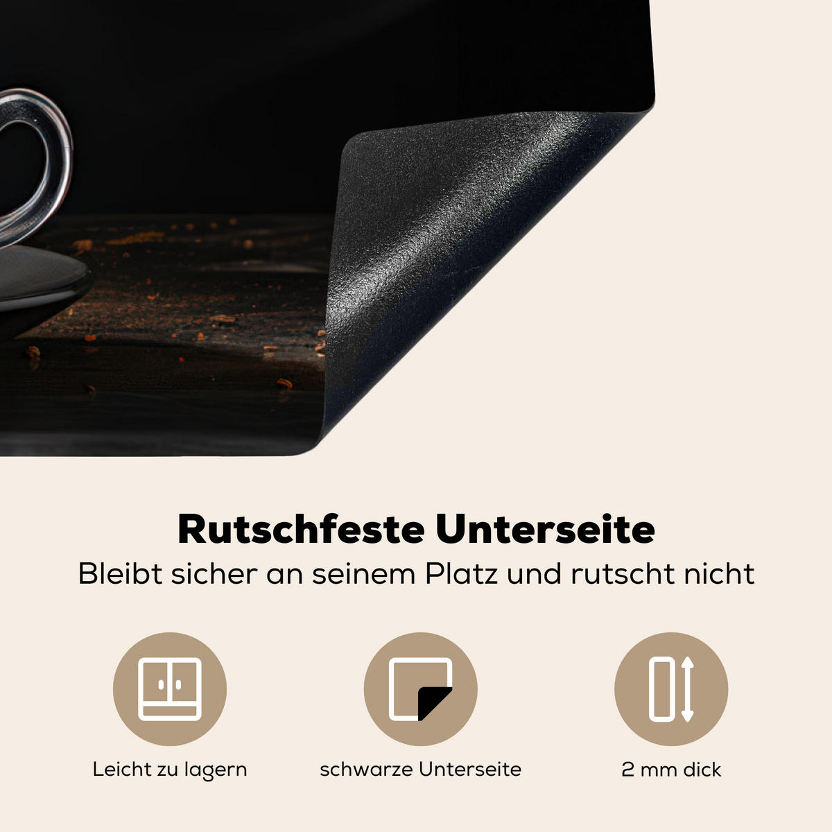 HERDABDECKPLATTE Kaffee - Schwarz - Bohnen - Heiß - Tasse Ceranfeldabdeckung 85x52 cm - Schwarz, Kunststoff (85/52/0.2cm) - MuchoWow