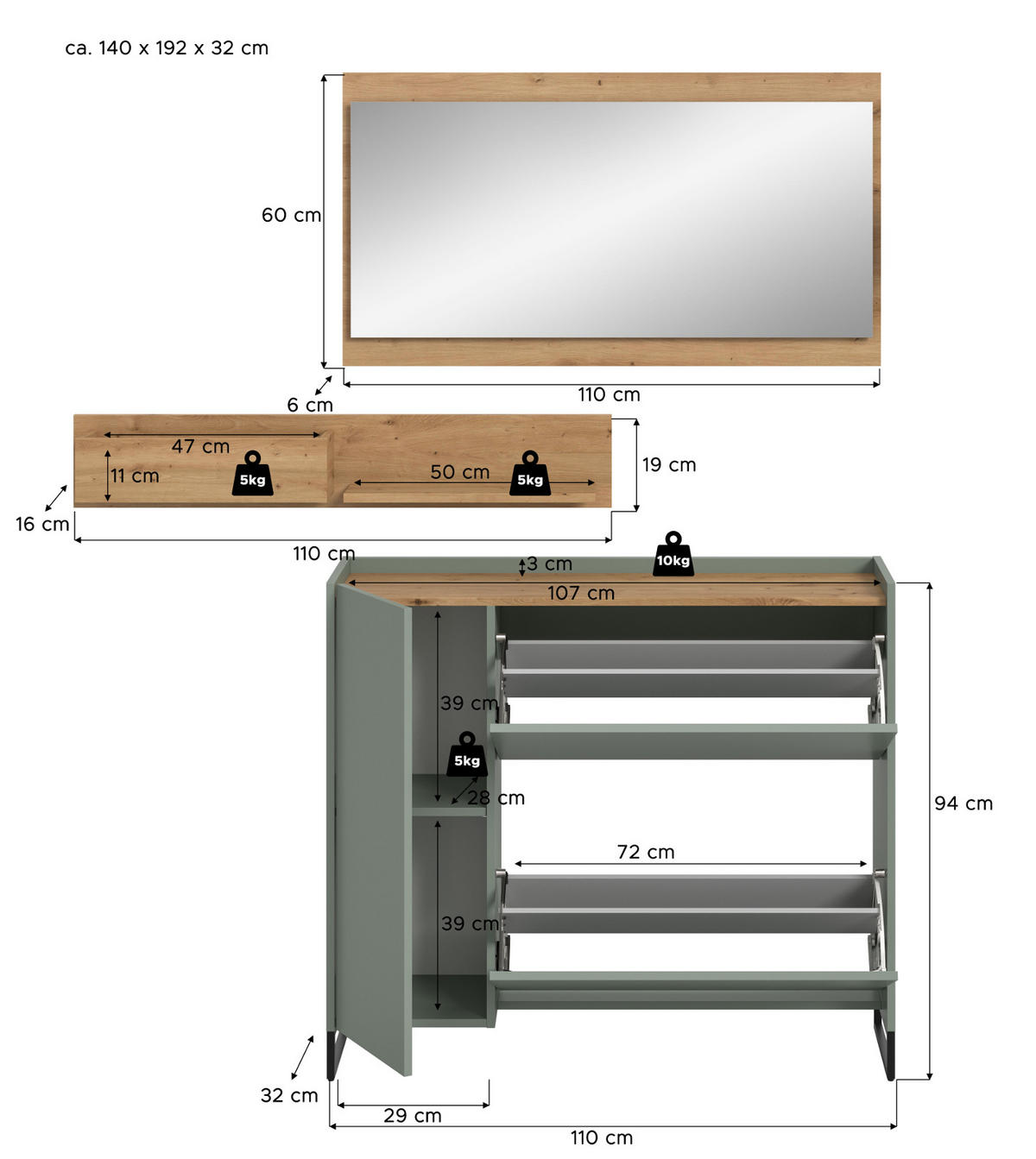 GARDEROBEN-SET Salbei grün, Artisan Eiche 140 cm 3-teilig, Flurmöbel mit Soft-Close - Salbeigrün/Schwarz, Holzwerkstoff/Metall (140/192/32cm) - Inn.Furn