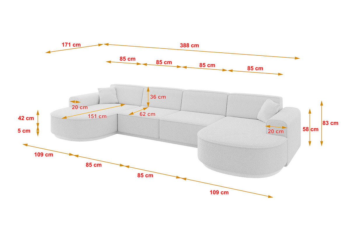 WOHNLANDSCHAFT MARI-U2-v3 - 388x171x83 cm Weiß Bouclé - Schwarz/Weiß, Holzwerkstoff/Kunststoff (388/83/171cm) - ALTDECOR