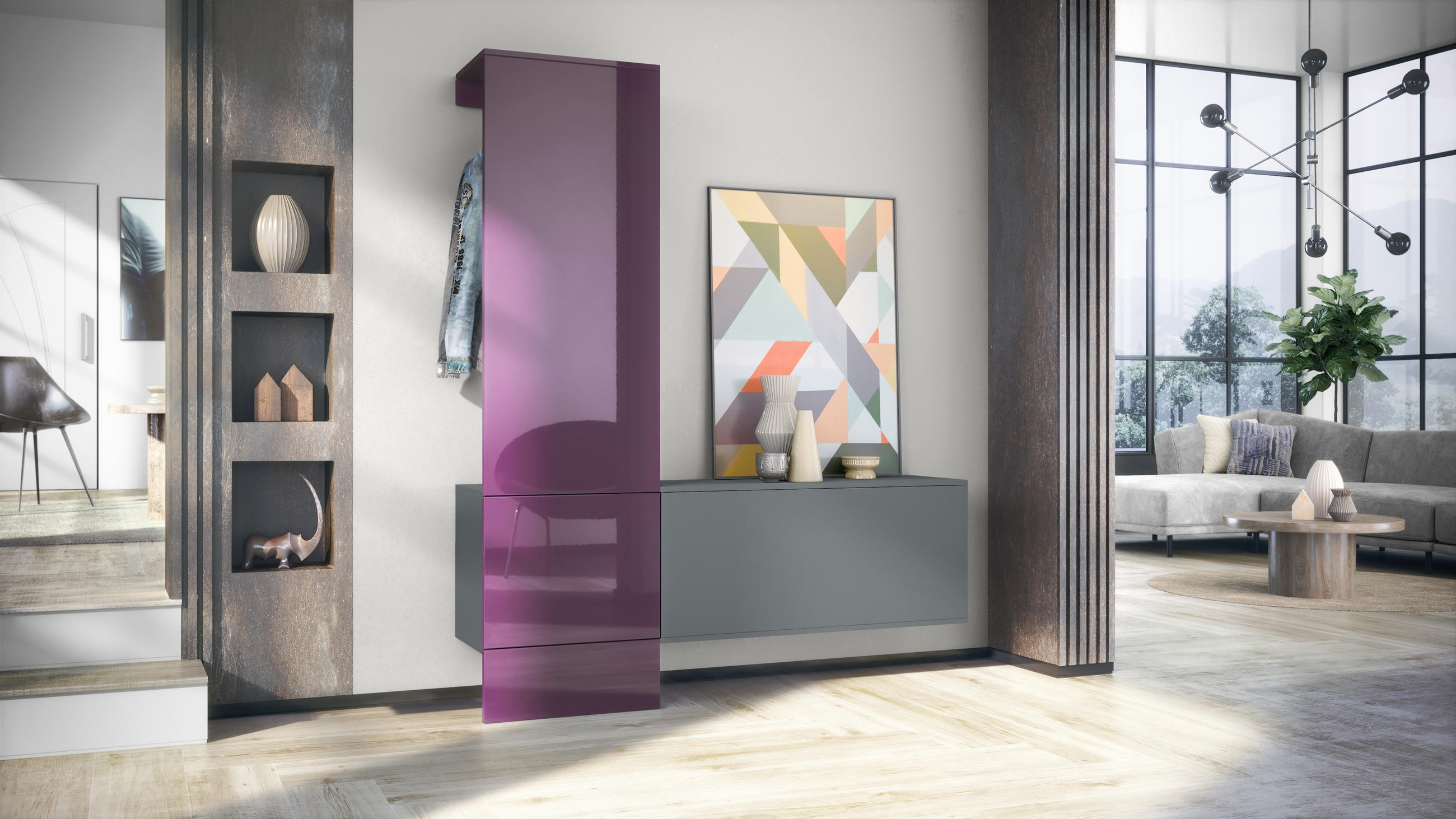 GARDEROBE Carlton Paneel in Brombeer Hochglanz - Brombeere, Holzwerkstoff (156.5/193/35cm) - Vladon