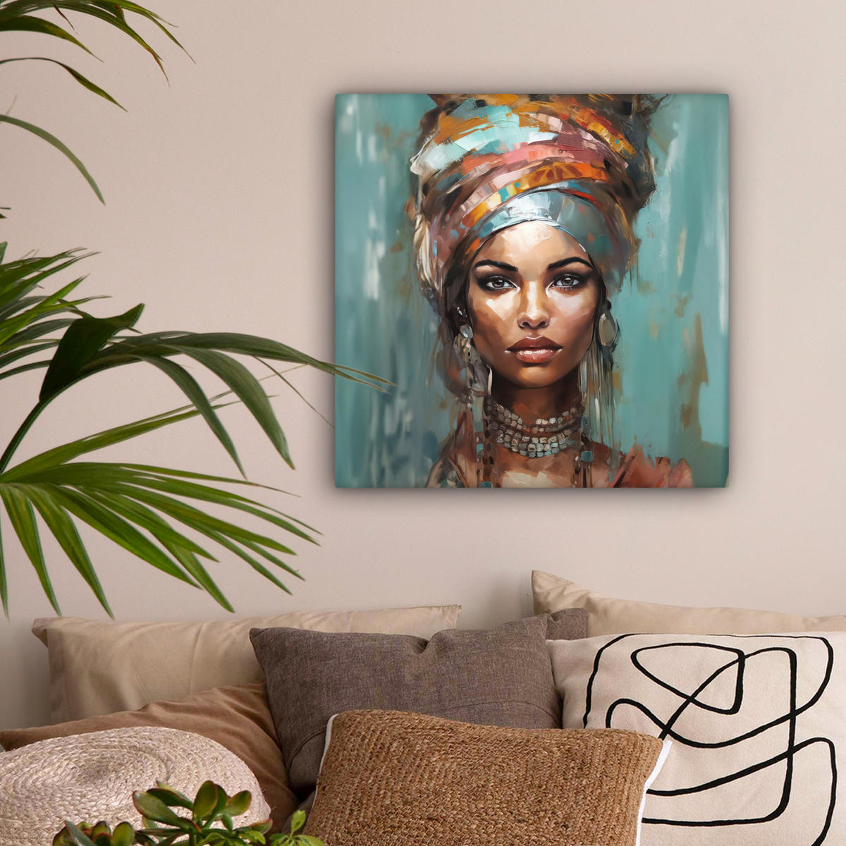 LEINWANDBILD Frau - Kunst - Schmuck - Porträt 50x50 cm - Blaugrau, Textil (50/50cm) - MuchoWow