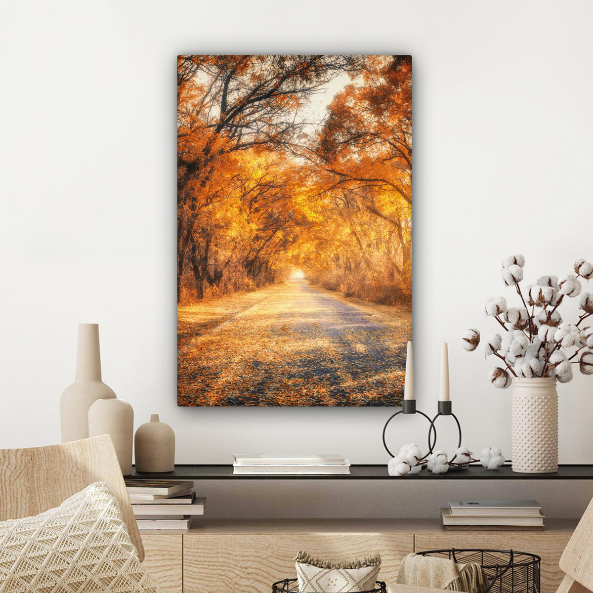 LEINWANDBILD Wald - Herbst - Bäume - Waldweg - Natur 60x90 cm - Bernsteinfarben, Textil (60/90cm) - MuchoWow