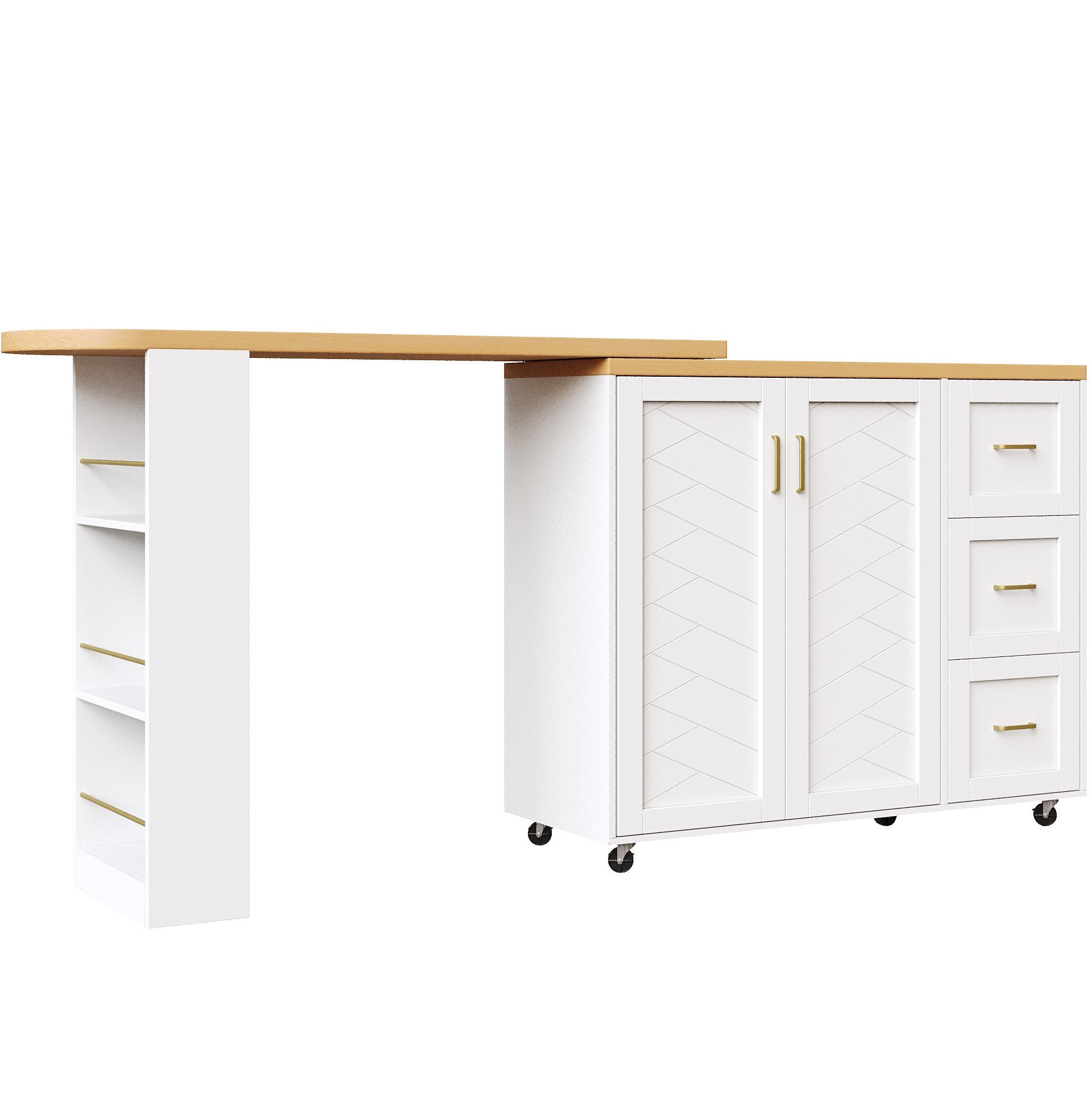 BARSCHRANK Barwagen ausziehbar mit Schrank, 3 Schubladen & Rollen, 135-228/39/104 cm, Weiß, - Weiß, Holzwerkstoff (39/104/135cm) - Redom