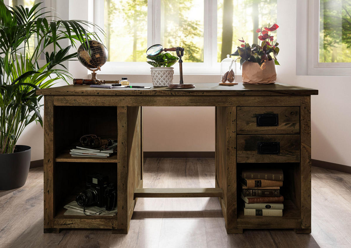 SCHREIBTISCH Mango 140x80x76 braun lackiert RAILWAY #461 - Braun, Holz (80/140/76cm) - Massivmoebel24