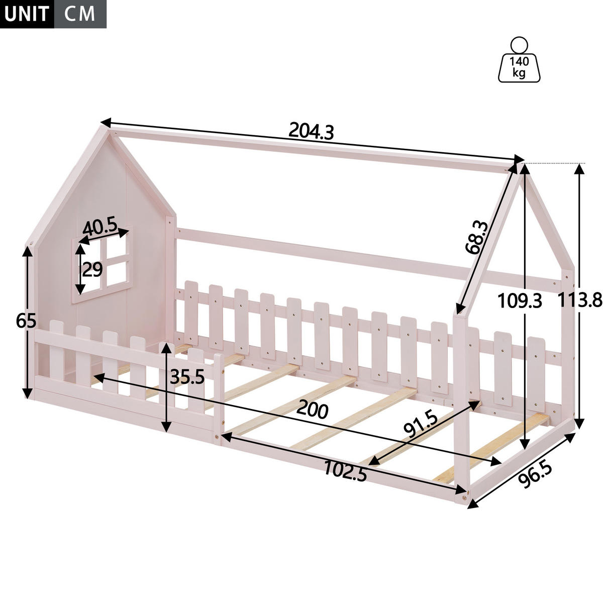 HAUSBETT 90/200 cm in Rosa aus Kiefer und MDF in Hausform - Pink, Holz (90/200cm) - OKMYHOME