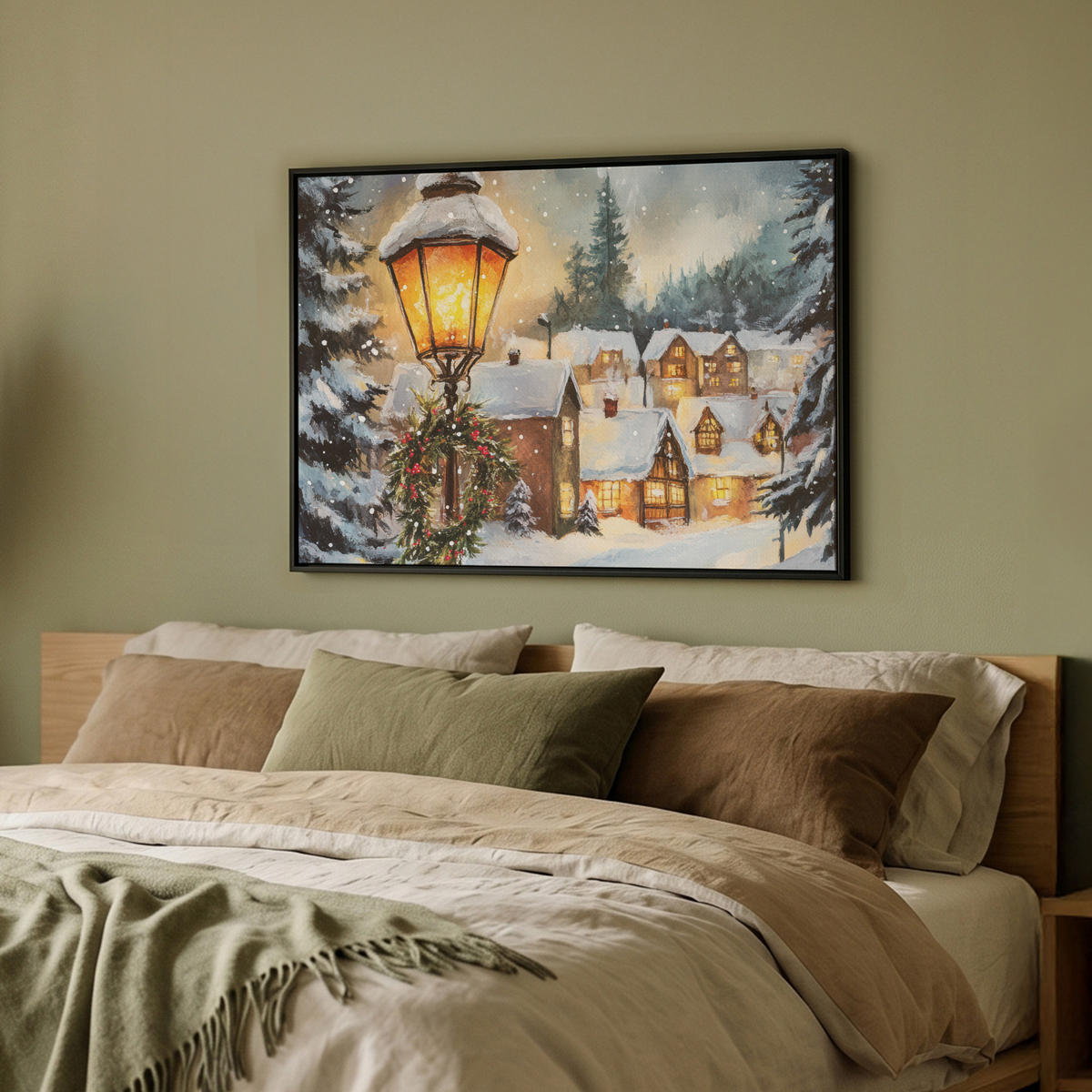 LEINWAND Bilder mit Rahmen - Weihnachtsdorf - Häuser - Schnee - Weihnachten - 80x60 - Sandfarben, Textil (80/60cm) - MuchoWow