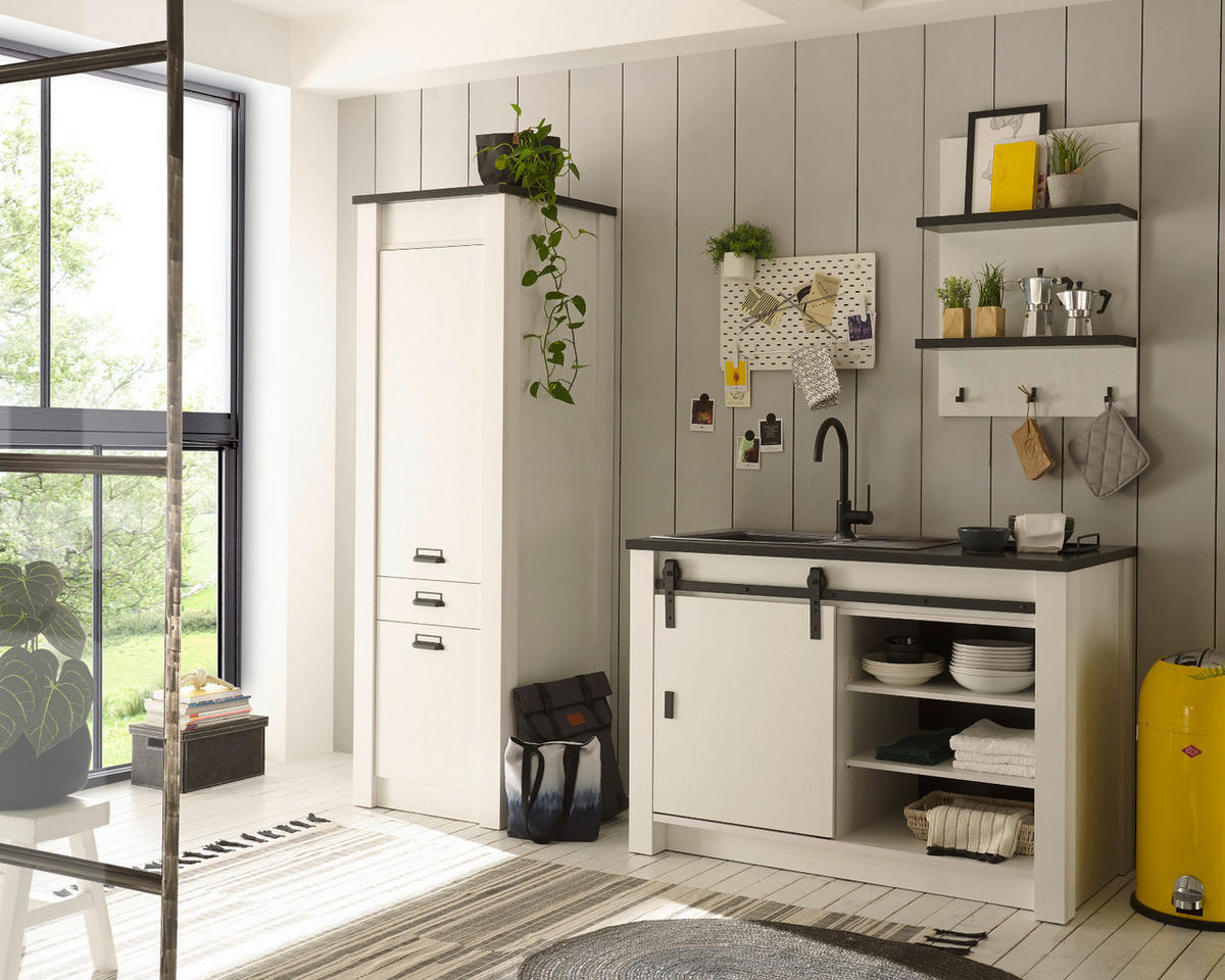 KÜCHEN-SET weiß Pinie, anthrazit Set 3-teilig, Küchenschränke im Landhaus-Stil - Anthrazit/Schwarz, Holzwerkstoff/Metall (133/201/64cm) - Furn.Design