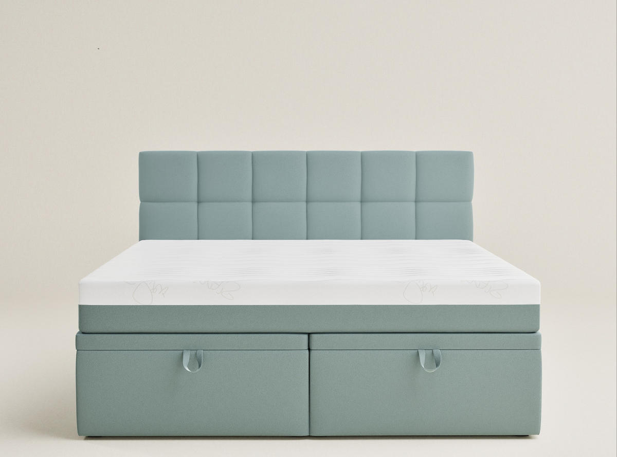 BOXBETT 200/200 cm Gotu S, in Türkis, Matratze, gepolstertes Kopfteil, Bettkasten, H3 = fest - Türkis/Schwarz, Holz/Holzwerkstoff (200/200cm) - Maison de Reve